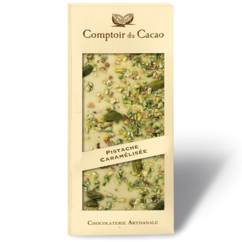comptoir du cacao Tablette Blanche Pistache Caramélisée